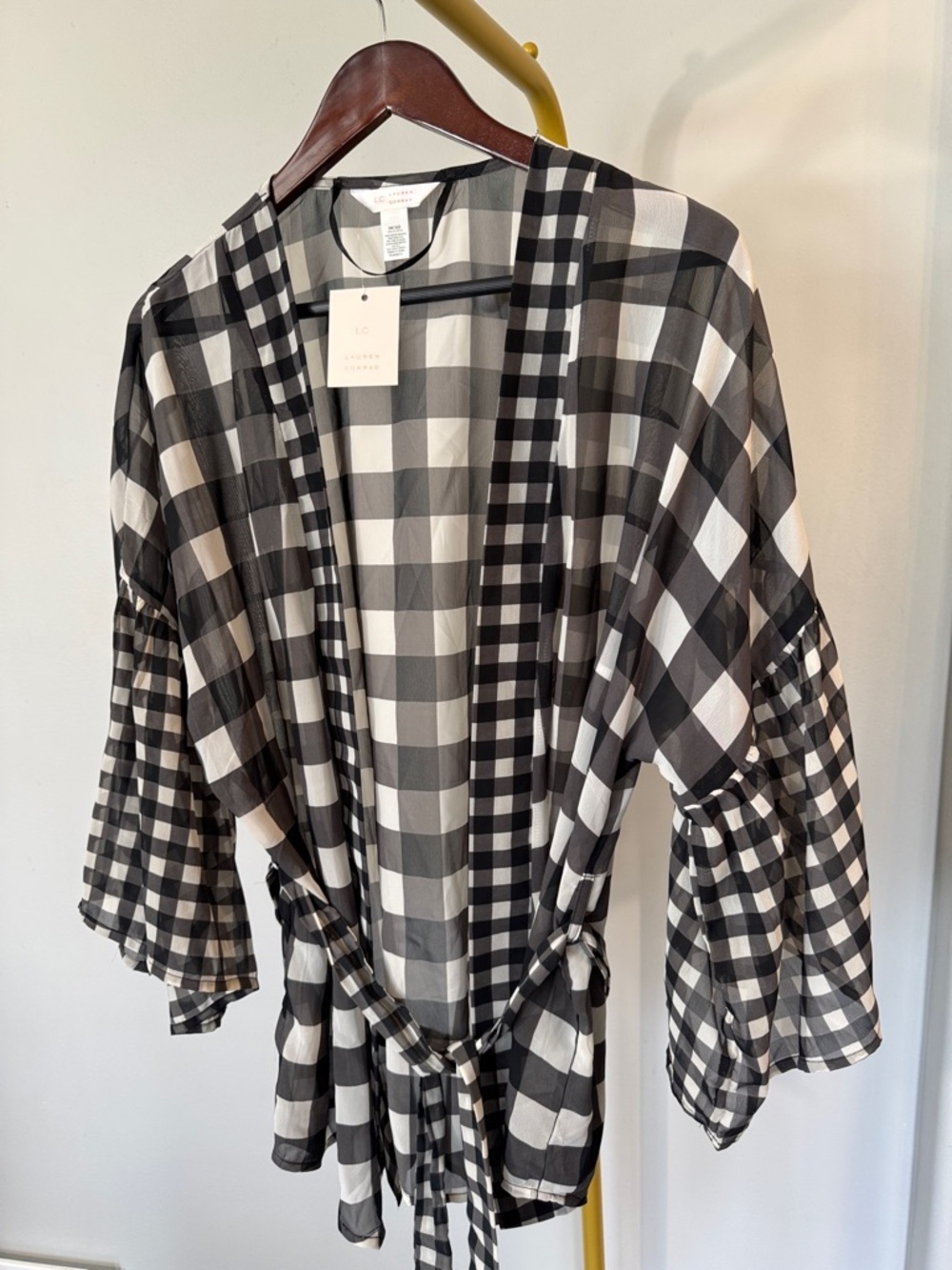 LC Lauren Conrad Black and White Gingham Open sheer Cardigan one size - Picture 3 of 11